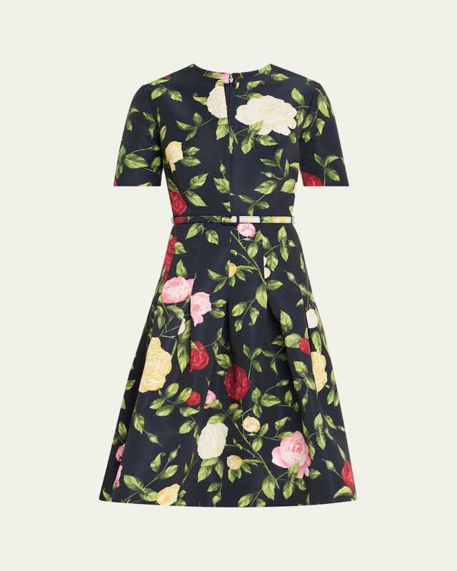 Short-Sleeve Belted English Rose Faille Dress